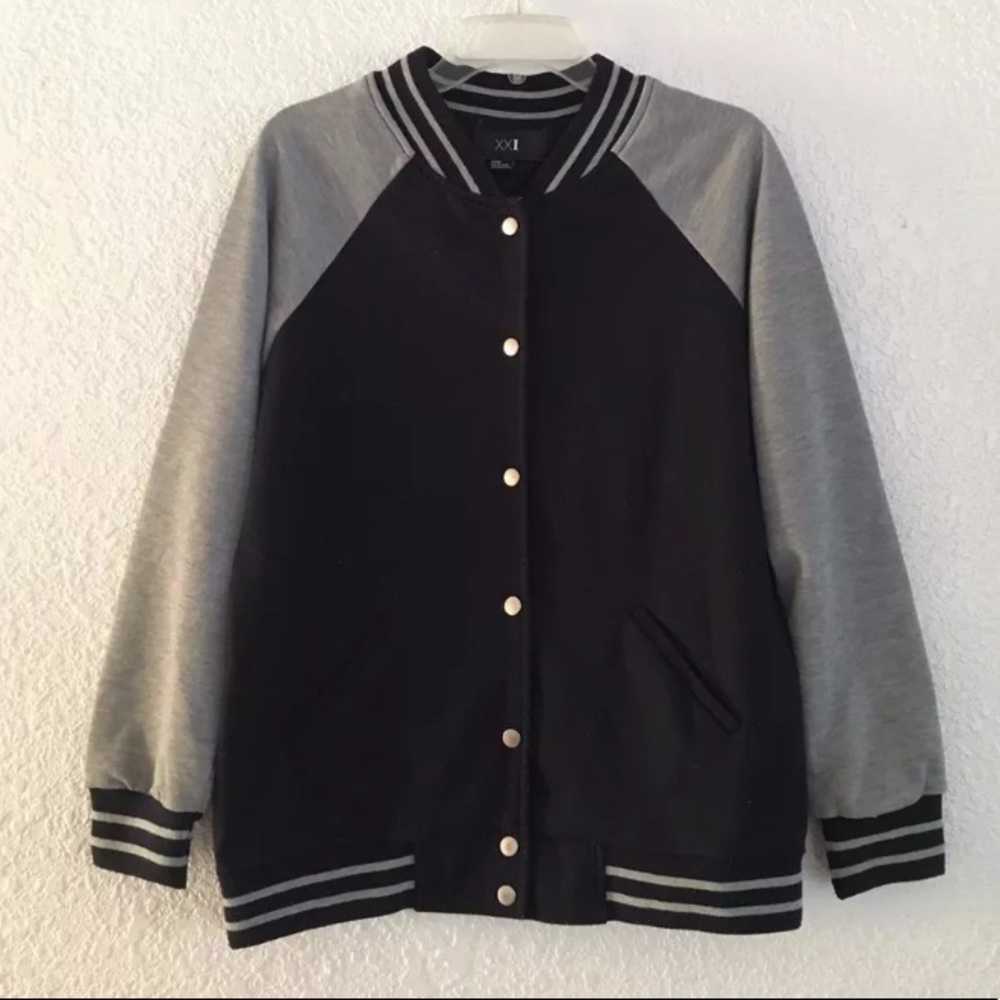 F21 Navy Blue & Grey Letterman Oversized Jacket